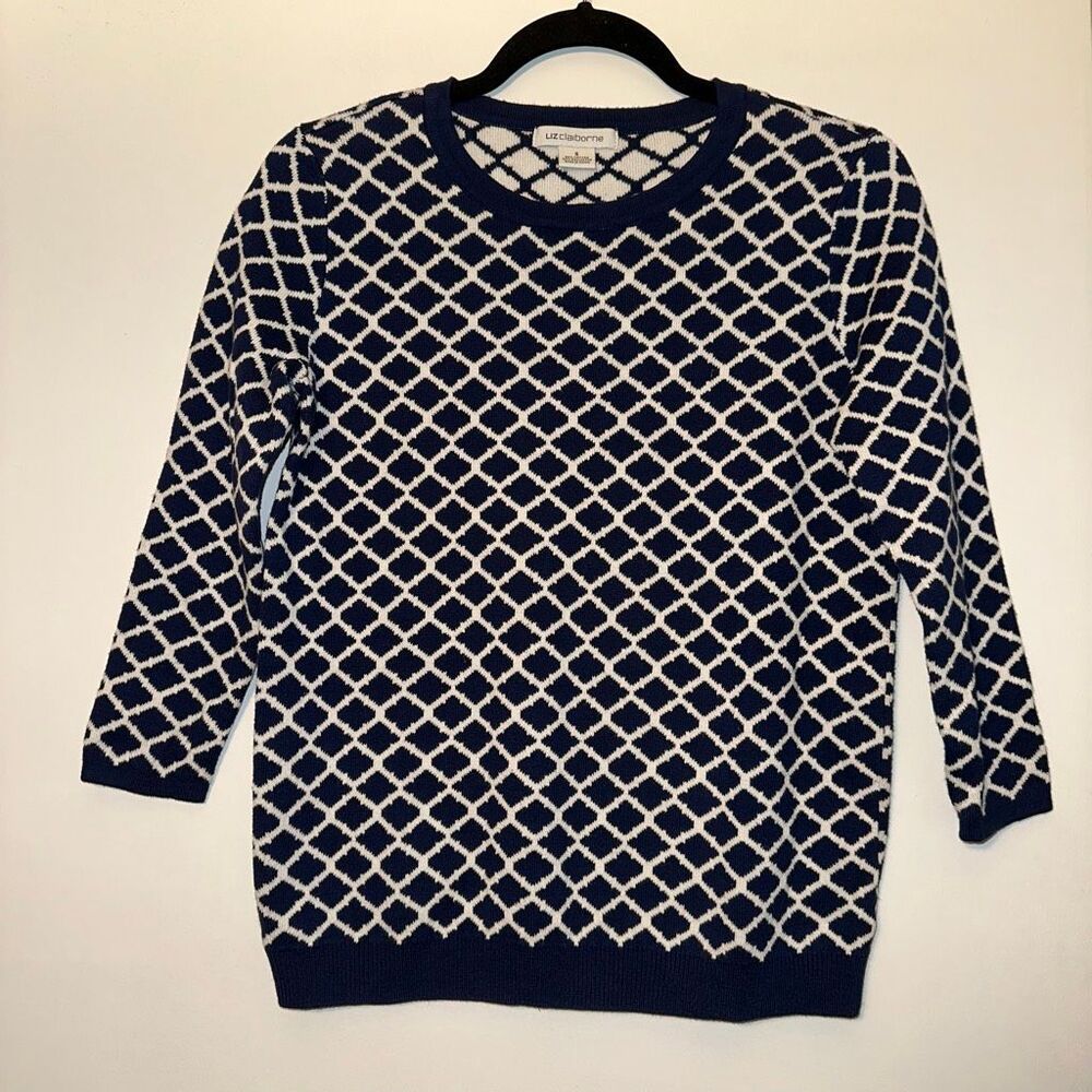 Liz Claiborne Women’s Small Sweater 3/4 Length Sleeve Navy Blue White Pattern
